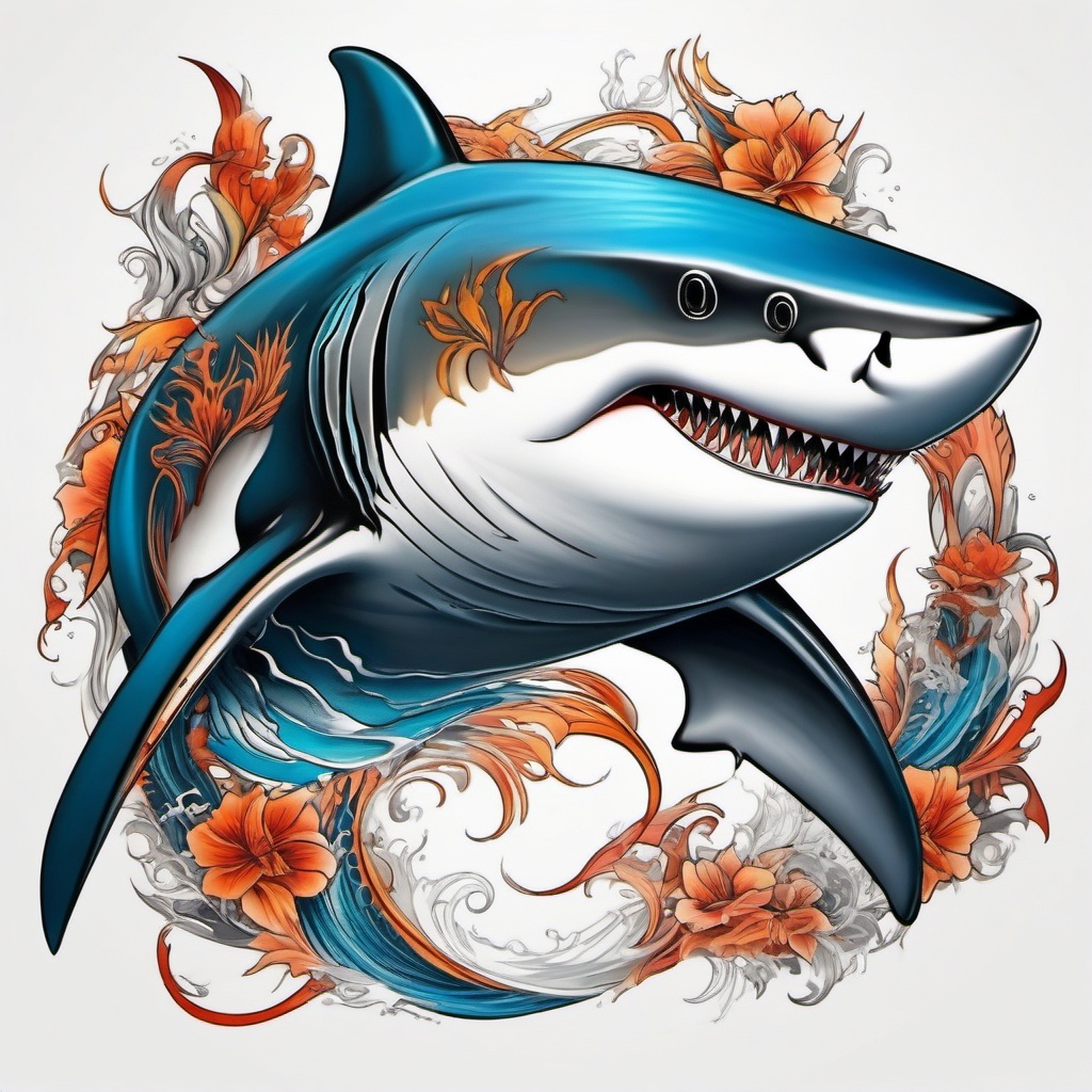 Shark tattoo, Fierce shark tattoo, symbolizing power and adaptability in the deep. , tattoo color art, clean white background