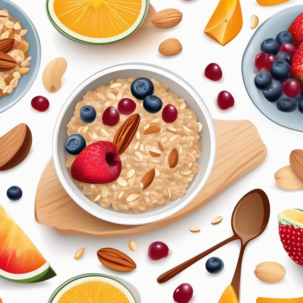 Breakfast clipart - Oatmeal with fruits and nuts.  vector style illustration, white background