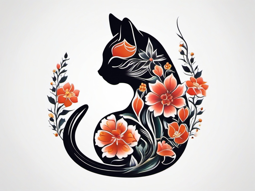 Cat Flower Tattoo - Tattoo featuring both cat and flower motifs.  simple color tattoo,minimalist,white background