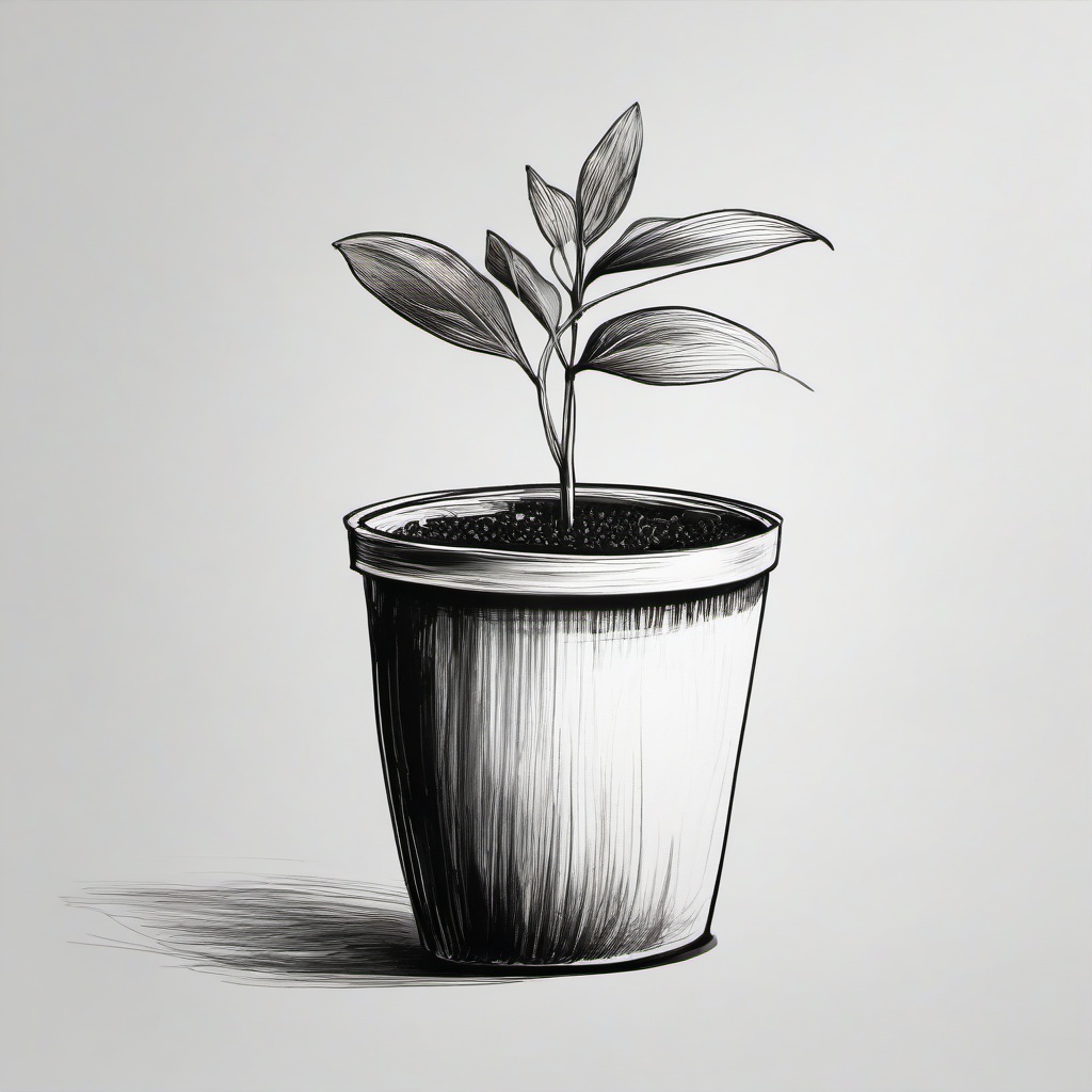 drawing of a plant in a pot  minimal rough sketch scribbles,doodles,black and white