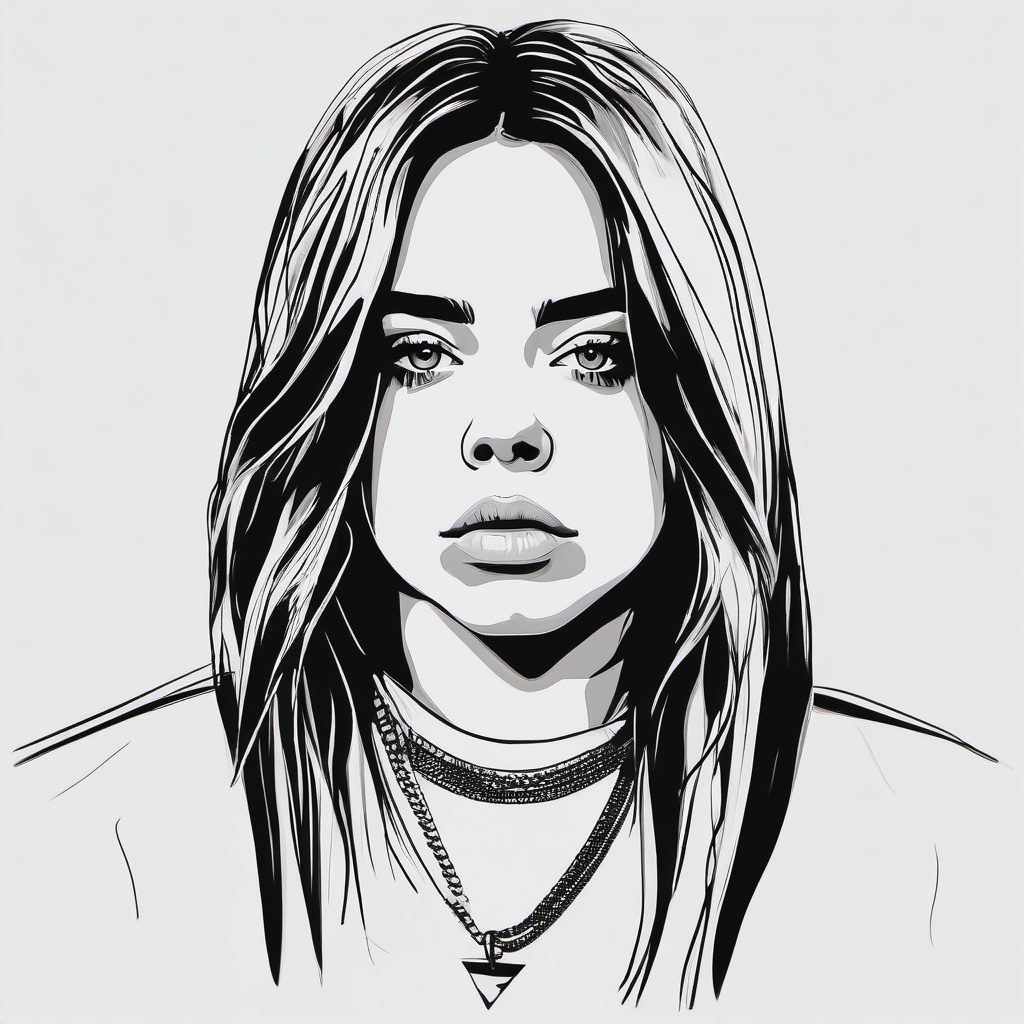 drawing of Billie Eilish with her signature logo  minimal rough sketch scribbles,doodles,black and white