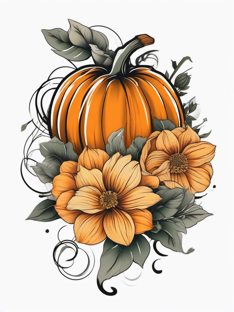 Pumpkin Flower Tattoo - Tattoo featuring a combination of pumpkins and flowers.  simple color tattoo,minimalist,white background