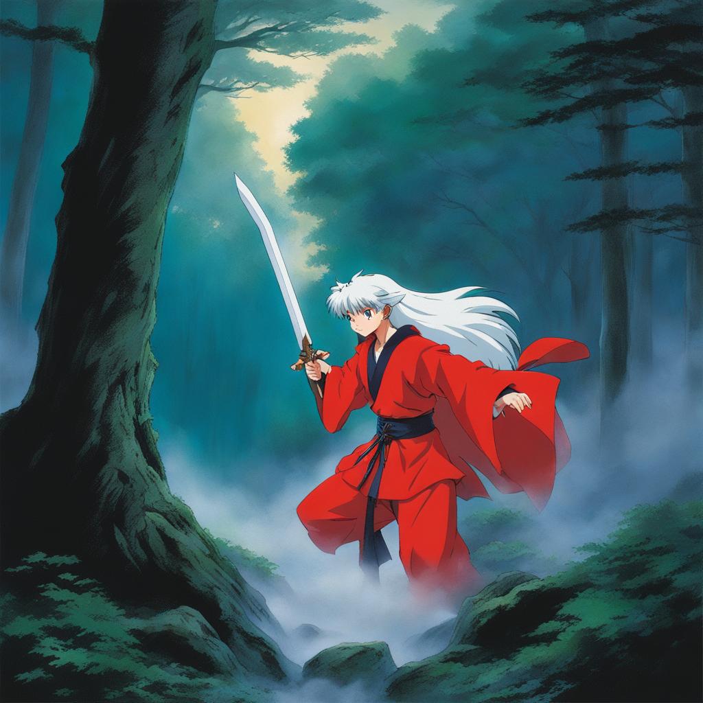 inuyasha battles a formidable demon within a mystical forest shrouded in mist. 