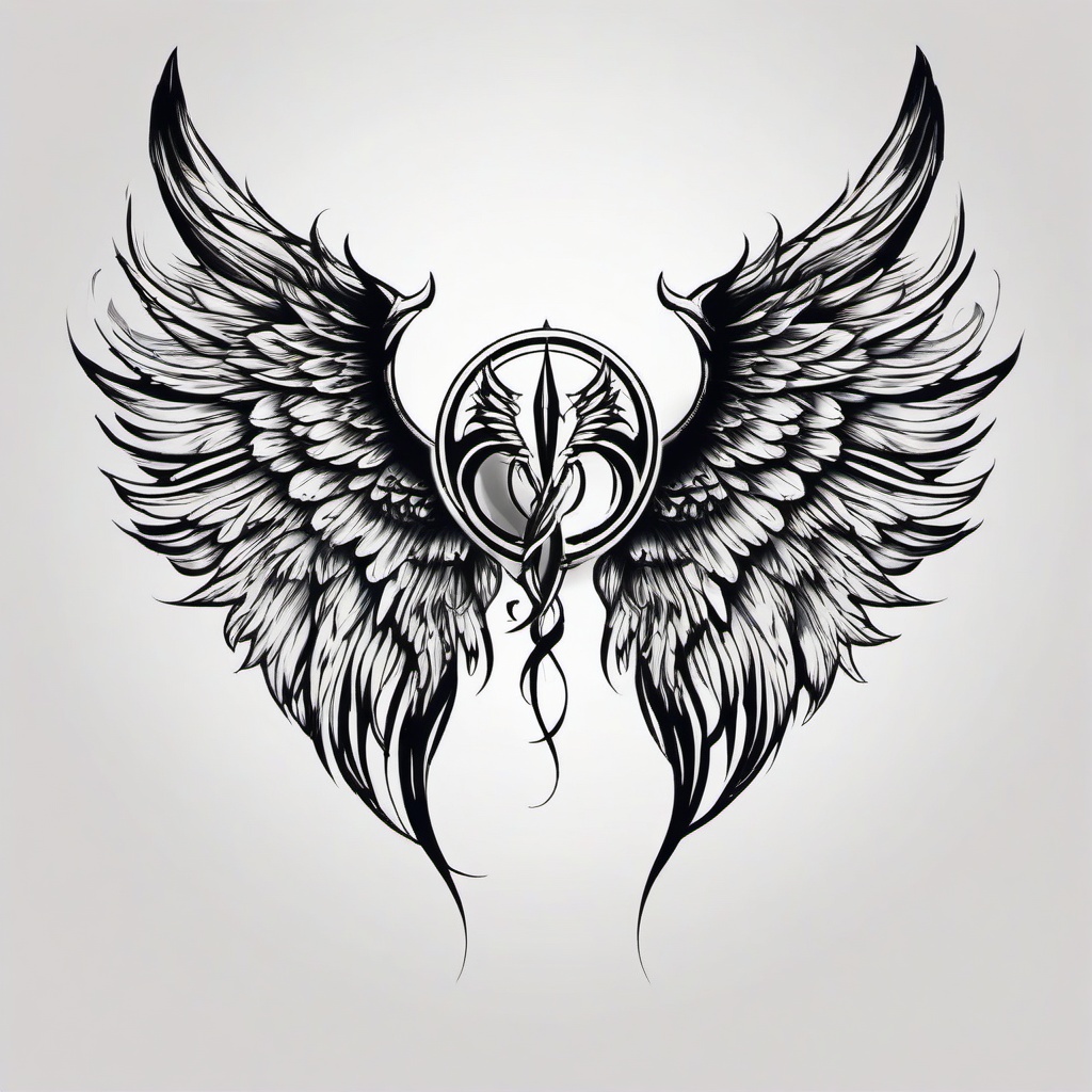 Half Angel Half Demon Wings Tattoo-Bold and symbolic tattoo featuring wings with both angelic and demonic elements, capturing themes of balance and duality.  simple color tattoo,white background