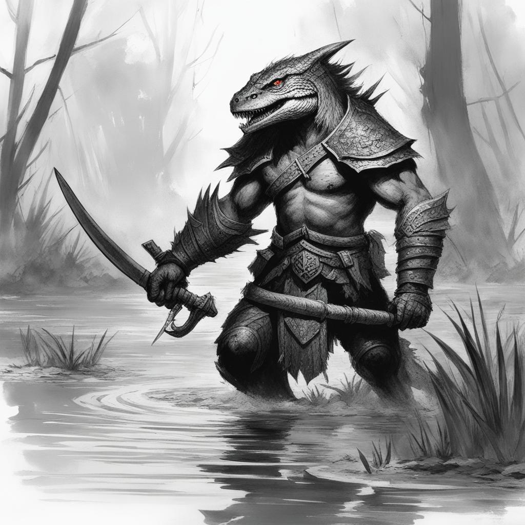 lizardfolk barbarian in a swamp battle - sketch a lizardfolk barbarian battling in the murky depths of a swamp, primal fury unleashed. 