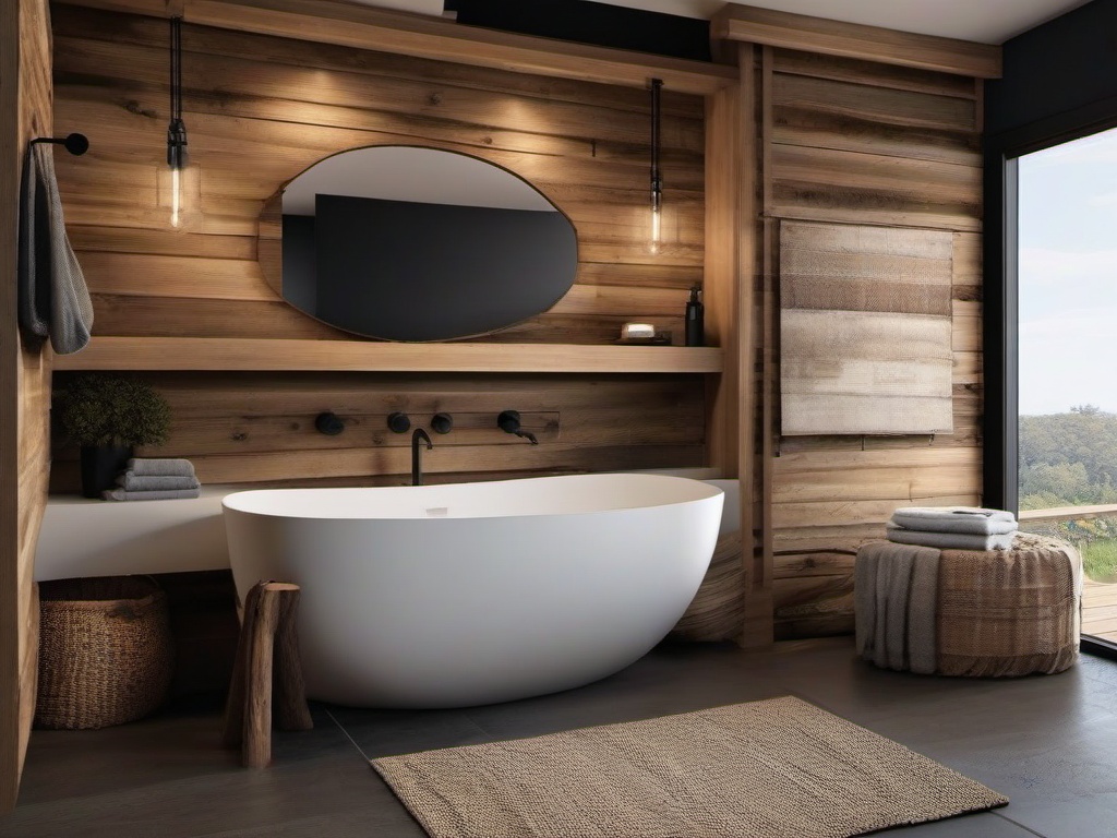 Modern Rustic bathroom combines sleek fixtures with rustic wood accents and warm textiles for a stylish yet inviting space.  