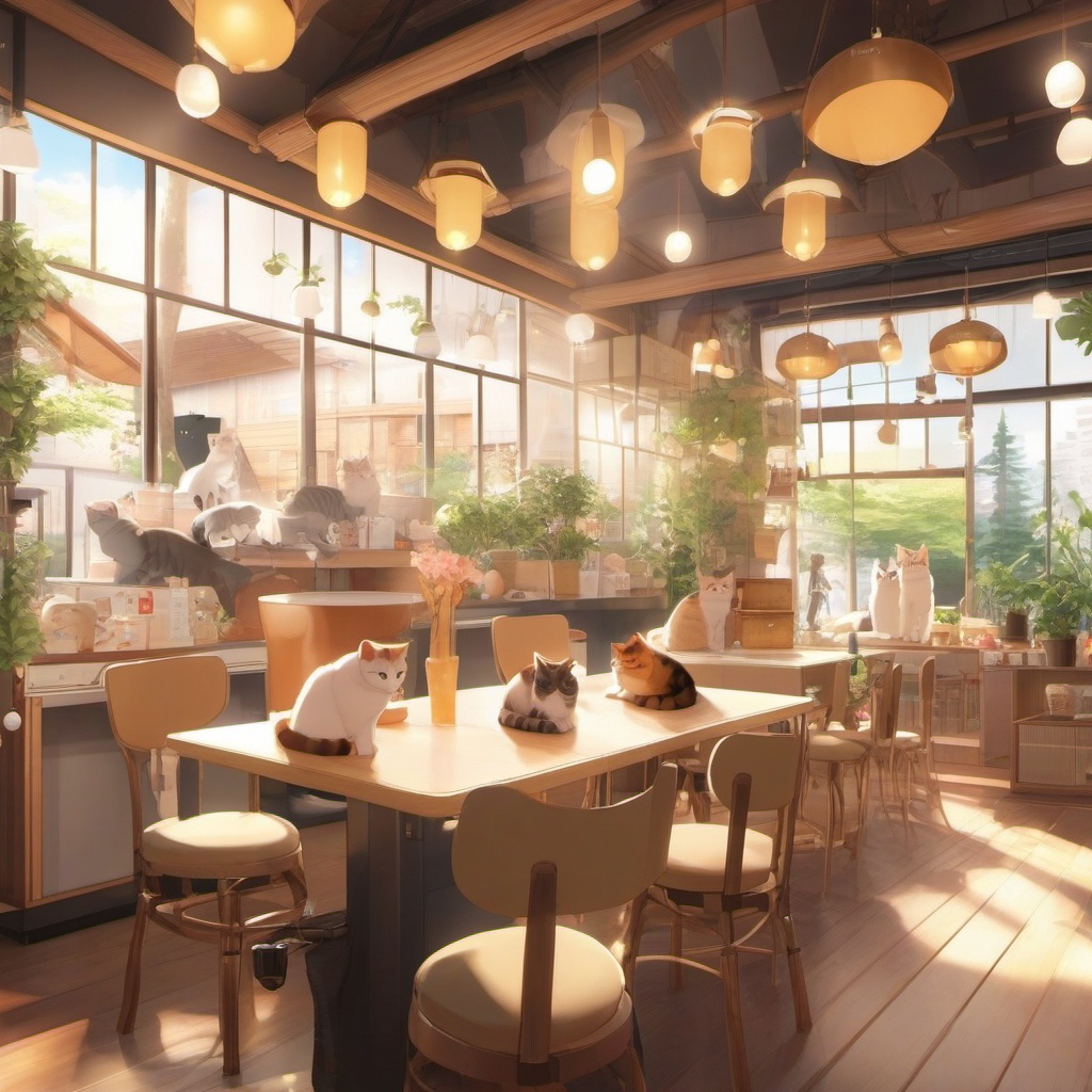 Cat cafe filled with adorable felines. anime, wallpaper, background, anime key visual, japanese manga