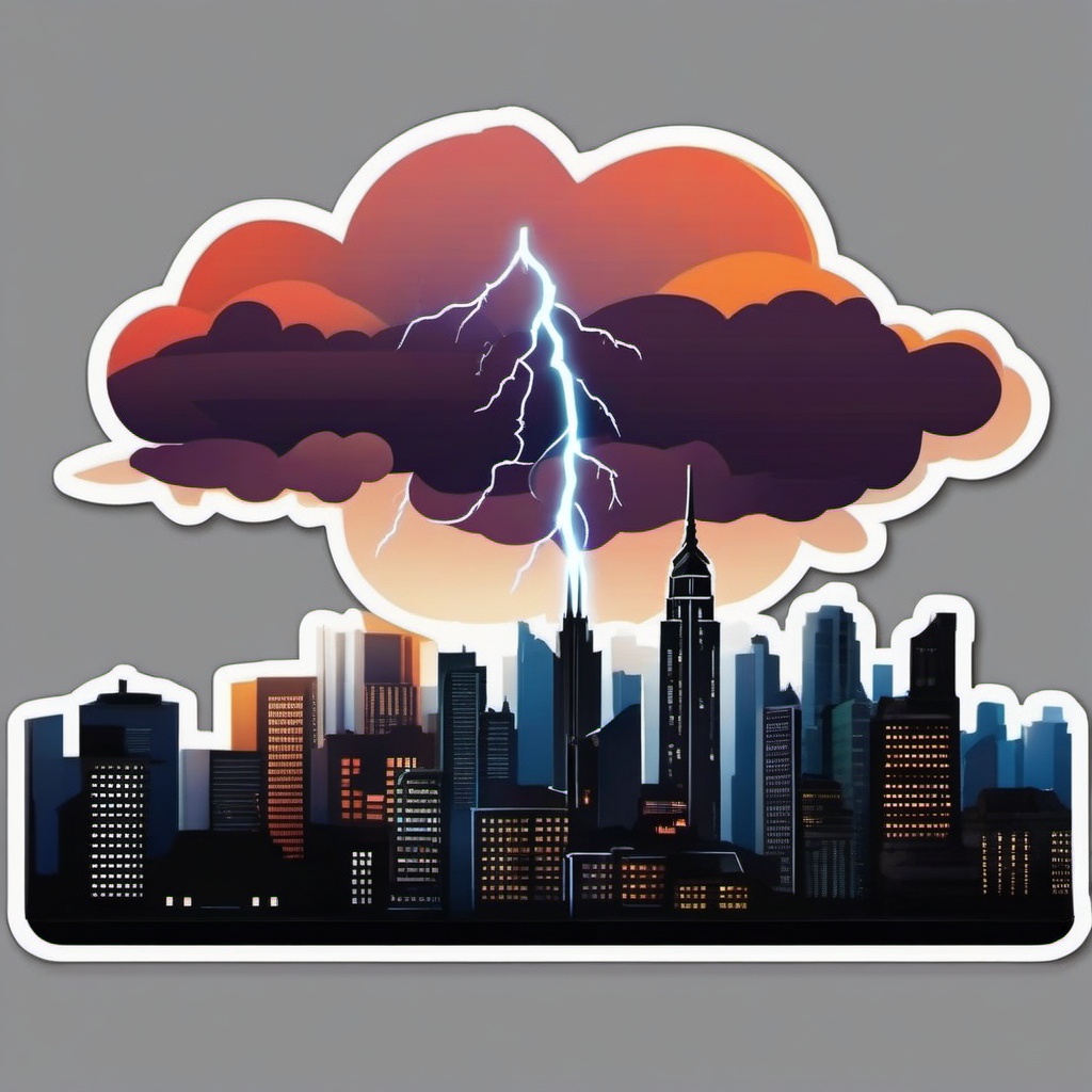 Lightning over city skyline sticker- Urban drama, , sticker vector art, minimalist design