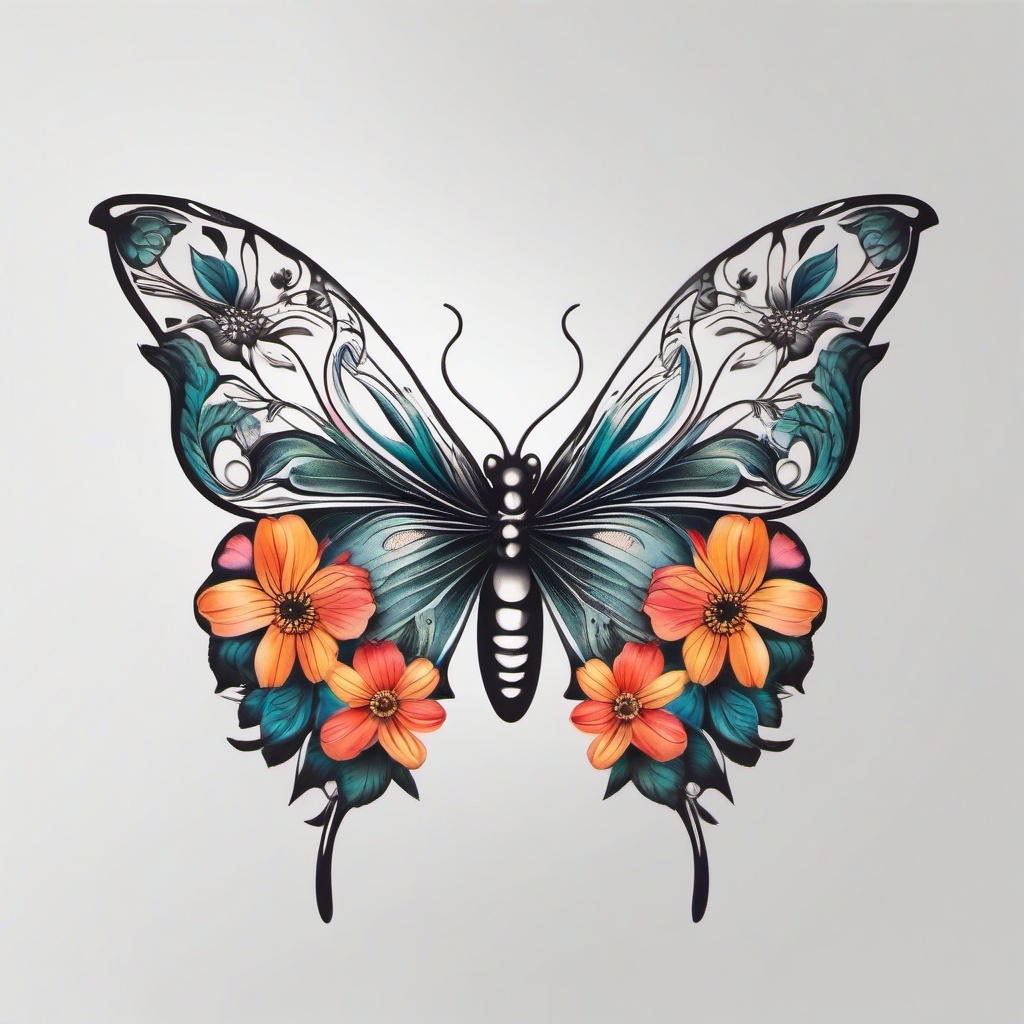 floral butterfly tattoo  simple color tattoo,white background,minimal