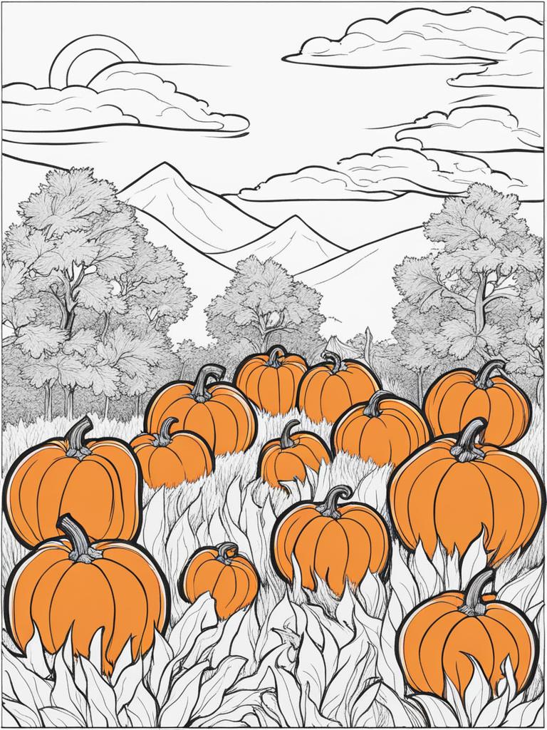 pumpkin coloring pages - a pumpkin patch fills with vibrant pumpkins in autumn. 