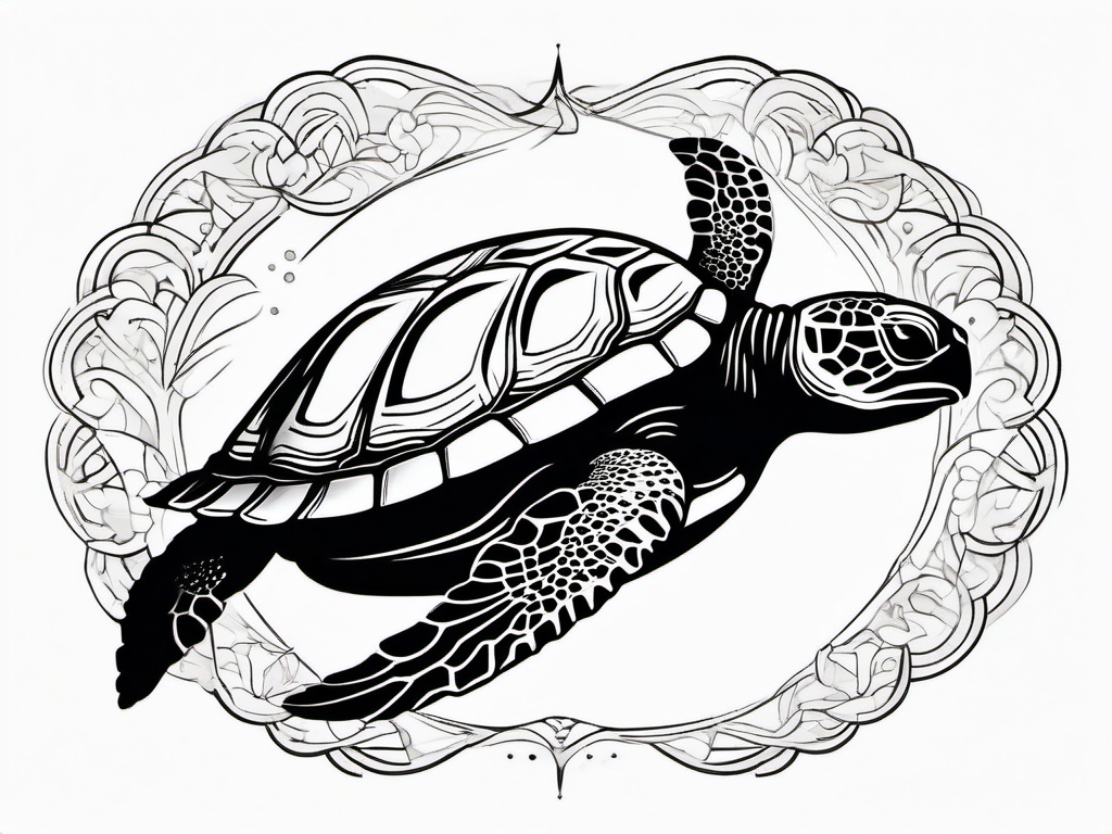 Black and White Sea Turtle Tattoo - Embrace a minimalist and elegant style with a black and white sea turtle tattoo, emphasizing the graceful contours.  simple color tattoo,minimal vector art,white background