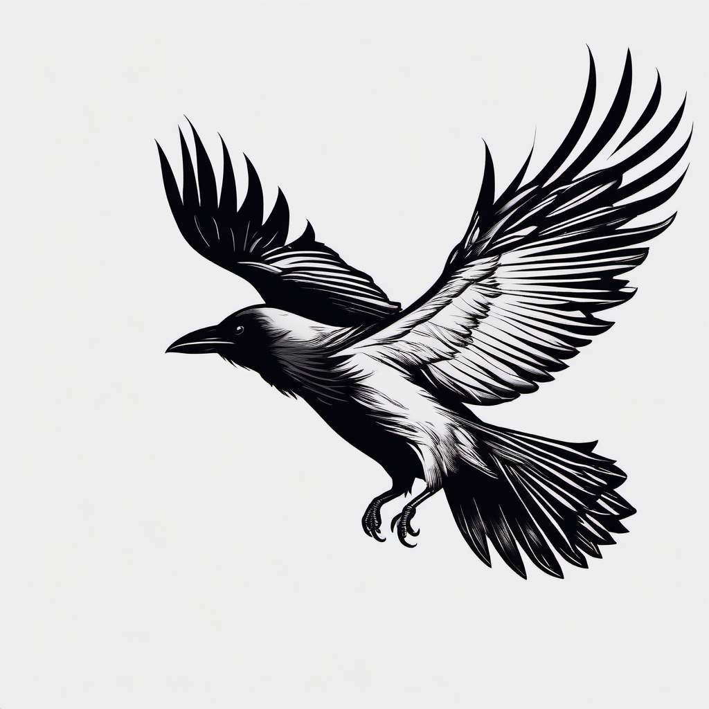 Raven In Flight Tattoo - Raven flying  minimal tattoo design, white background