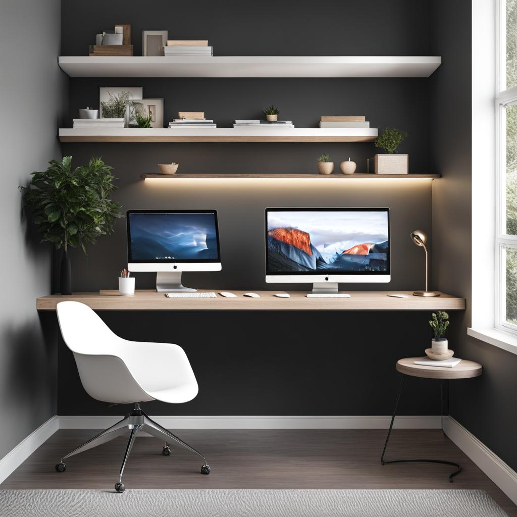 minimalist home office with a floating desk and minimalistic decor. 