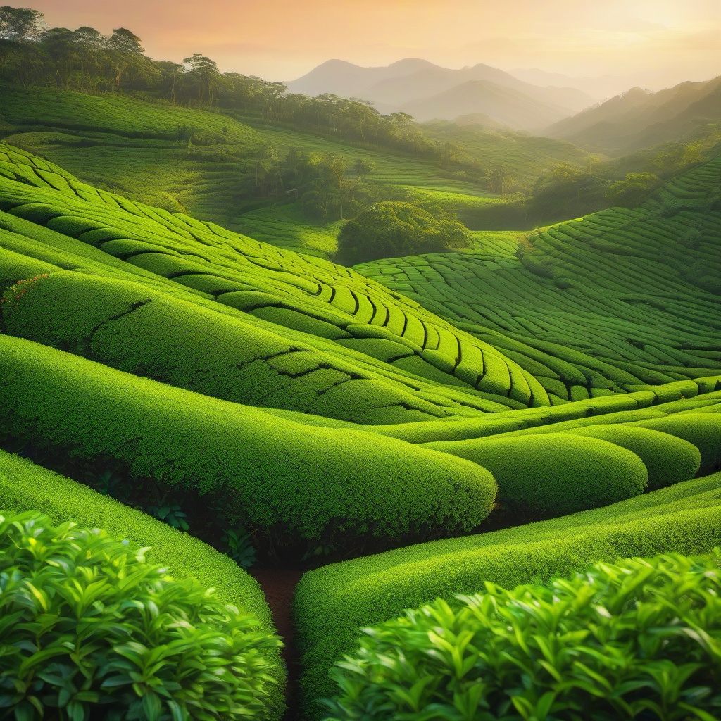 Verdant tea plantation, with row upon row of neatly pruned bushes, offers the soothing embrace of nature in the form of a warm, comforting brew. hyperrealistic, intricately detailed, color depth,splash art, concept art, mid shot, sharp focus, dramatic, 2/3 face angle, side light, colorful background