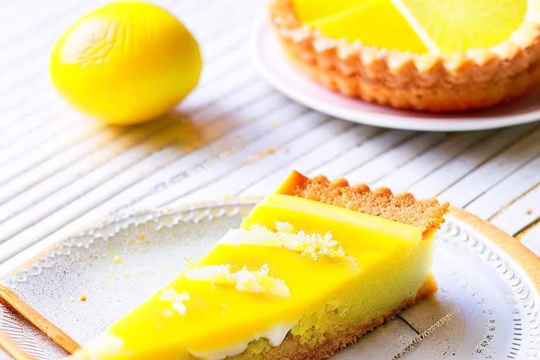 a slice of silky lemon tart, with a zesty lemon curd filling and a buttery, crumbly crust. 