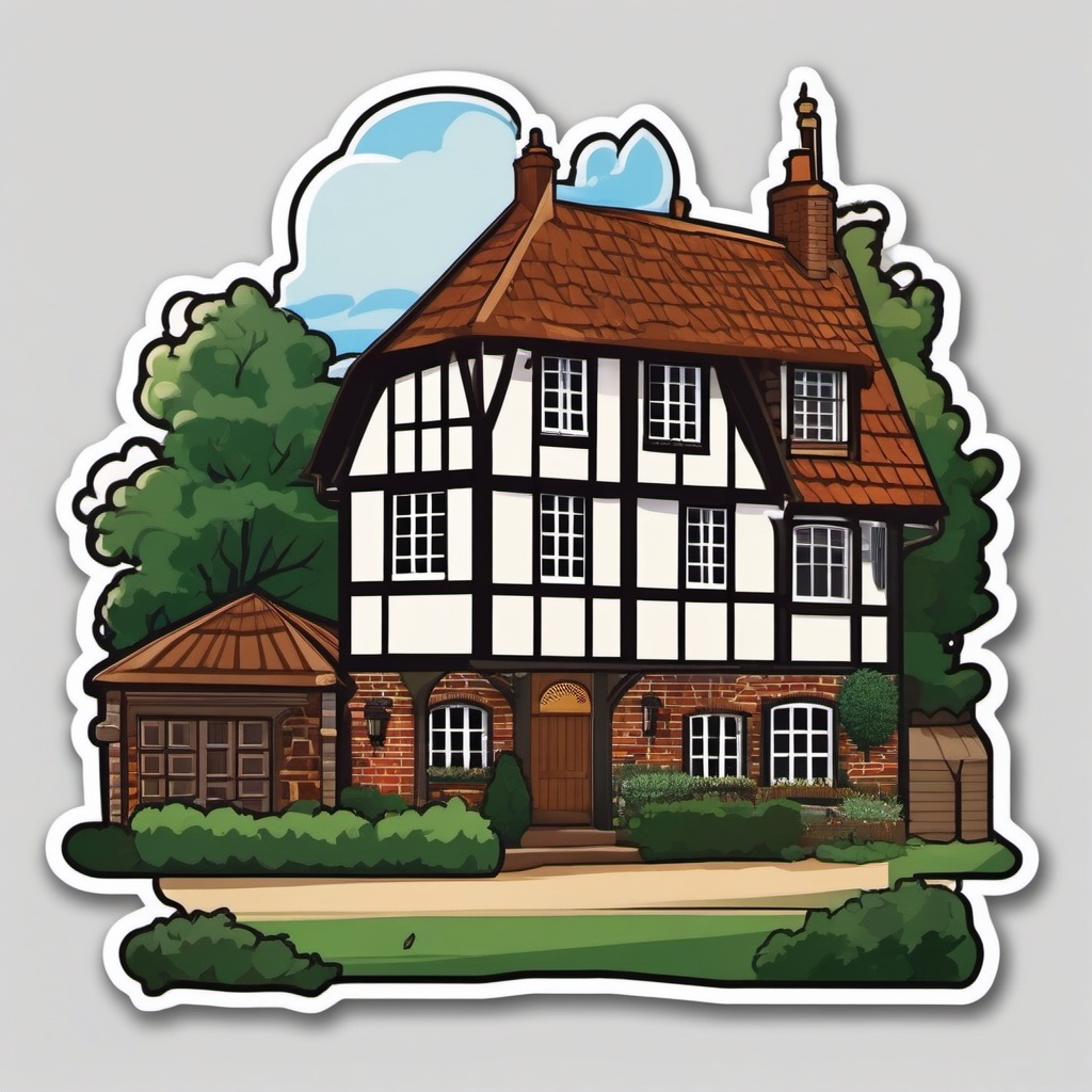 English Tudor Sticker - Transport yourself to the English countryside with the charming and Tudor-style house sticker, , sticker vector art, minimalist design