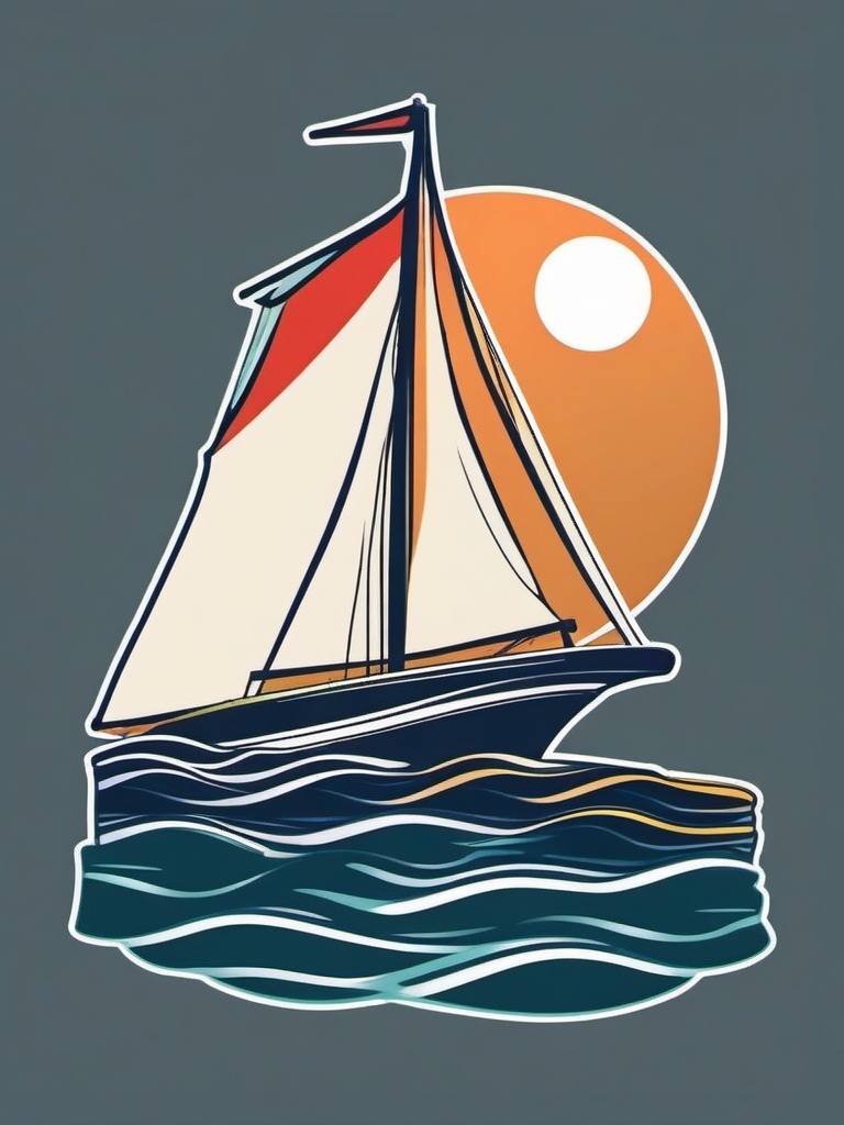 Sailboat Sticker - Sailing boat on calm waters, ,vector color sticker art,minimal