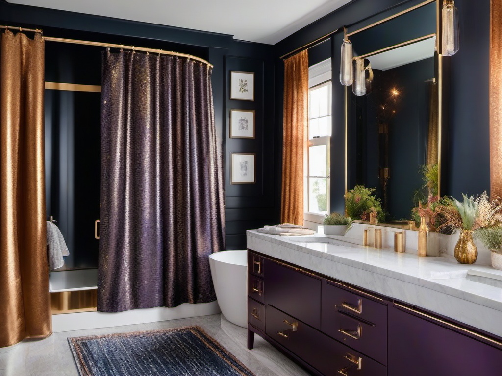 A master bathroom with cosmic chic interior design incorporates deep colors, metallic accents, and a whimsical shower curtain that evokes a celestial atmosphere for relaxation.  