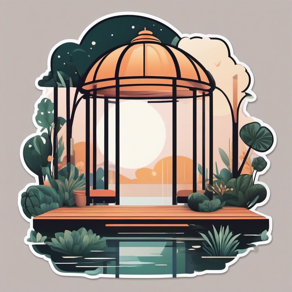 Floating Garden Pavilion Sticker - Transport yourself to a dreamy garden with the floating and pavilion-style sticker, , sticker vector art, minimalist design