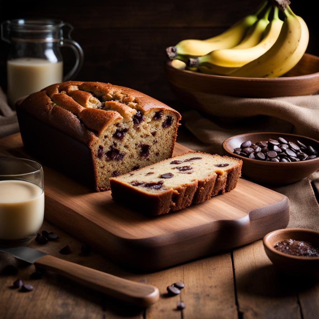 banana bread cake with chocolate chips, savored at a rustic cabin in the woods. 