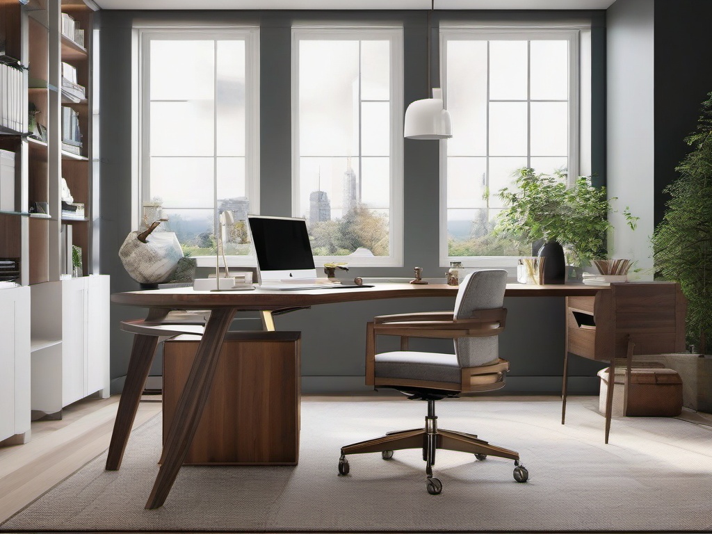 Contemporary home office showcases stylish furniture, ample natural light, and modern decor elements that enhance creativity and productivity.  