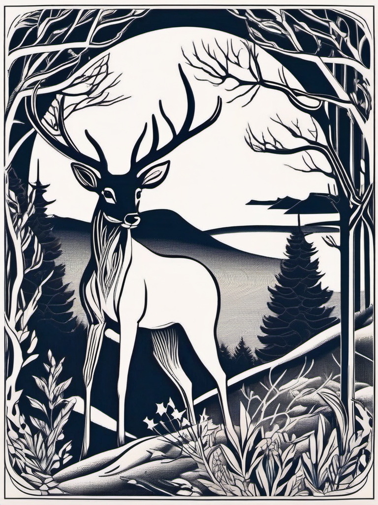 Moonlit Forest Deer - Illuminate your skin with a moonlit forest scene and a deer gracefully navigating the shadows in a tattoo.  outline color tattoo,minimal,white background