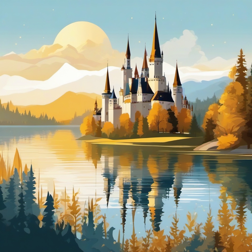 Castle with golden spires on a crystal lake clipart.  vector style illustration, white background