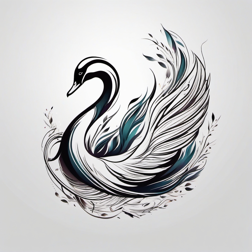 Swan tattoo transforming into a poetic quill.  color tattoo style, minimalist design, white background