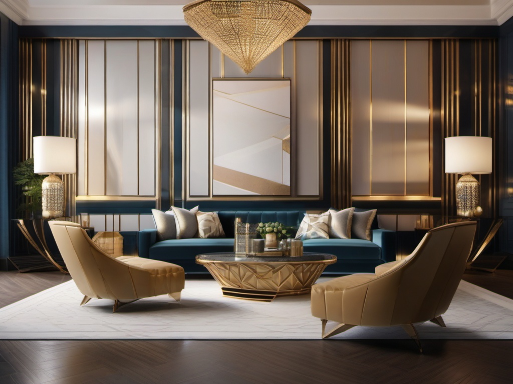 Art Deco Living Room - Art Deco masterpiece with geometric patterns and metallic finishes. realistic, professional photography, bokeh, natural lighting, canon lens, shot on dslr 64 megapixels sharp focus