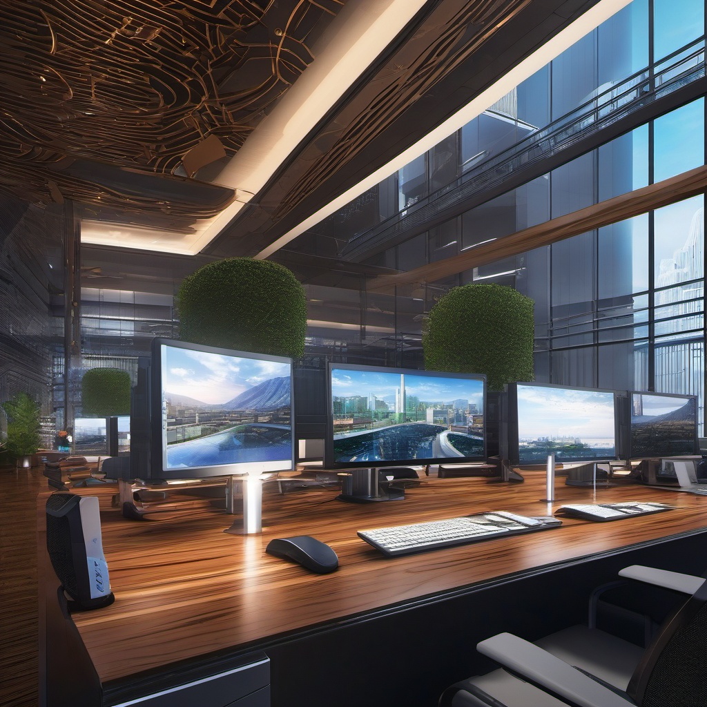 Sleek Corporate Headquarters in Anime Style Anime Desktop Wallpaper intricate details, patterns, wallpaper photo