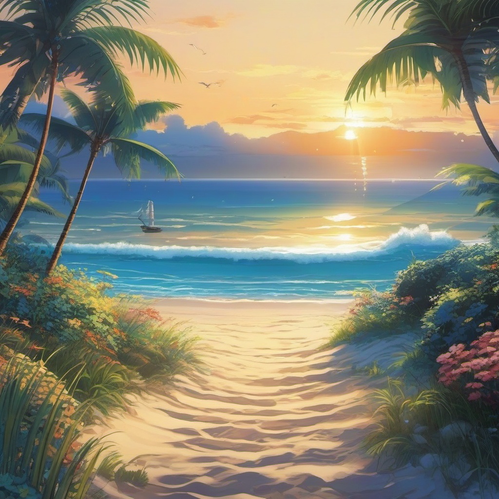 Seaside Paradise Bliss in Anime Beach Setting Anime Beach Wallpaper intricate details, patterns, wallpaper photo