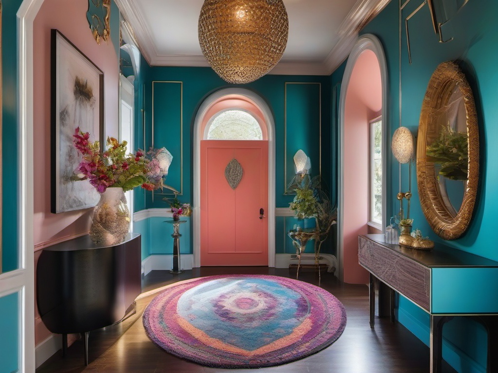 The foyer features surrealist interior design with unusual decor, dreamlike colors, and whimsical accents that invite guests into a fantastical and welcoming home.  