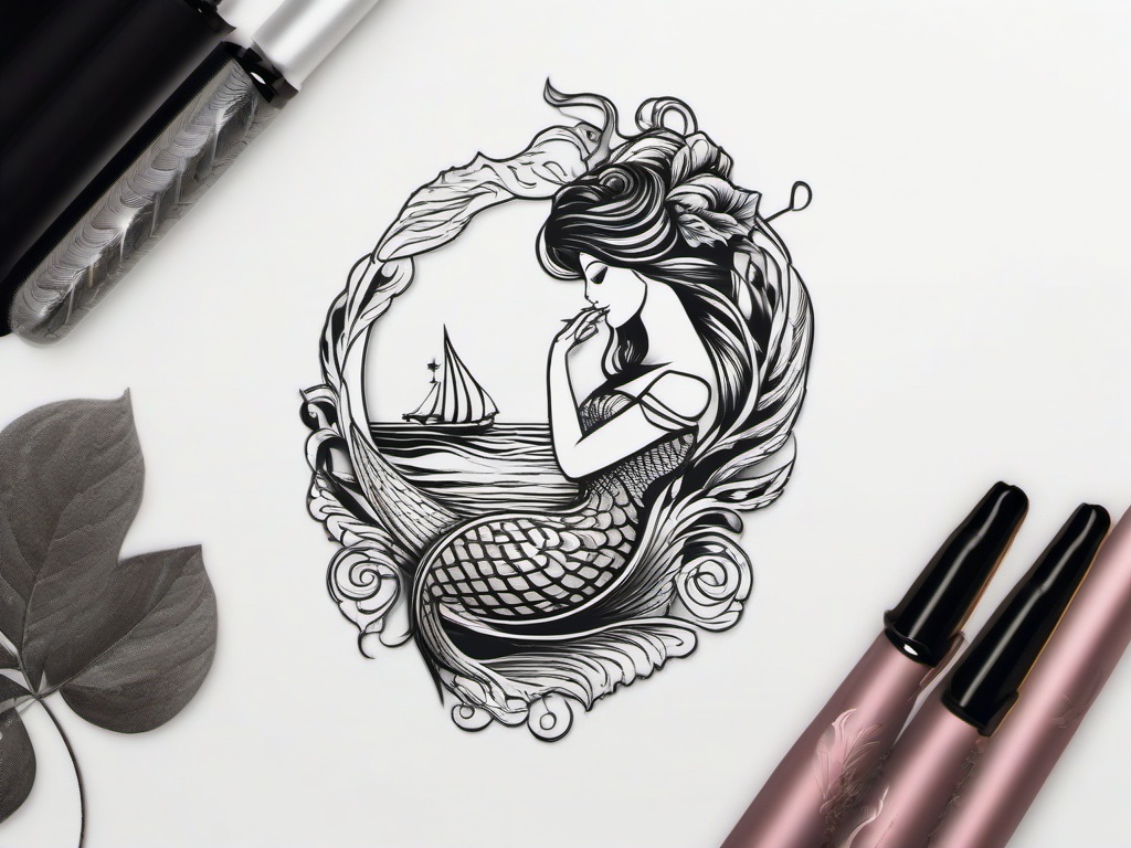 Mermaid Siren Tattoo - Blend the allure of a siren with the mystique of a mermaid in a captivating tattoo.  simple vector color tattoo,minimal,white background