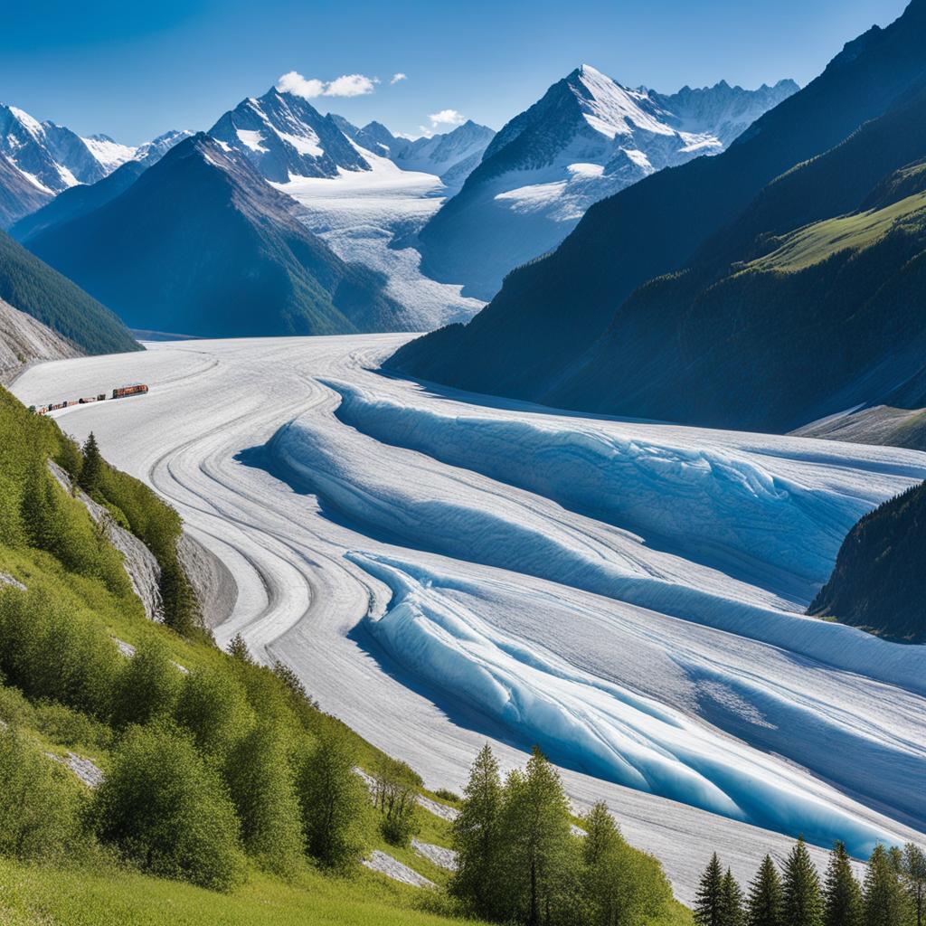 exotic aletsch glacier views - paint the exotic views of the aletsch glacier, the largest glacier in the alps, with its crevasses and ice formations. 