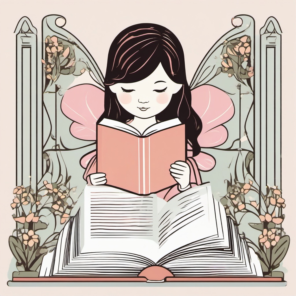 Reading clipart - young girl reading a fairy tale book  color,minimalist,vector clipart