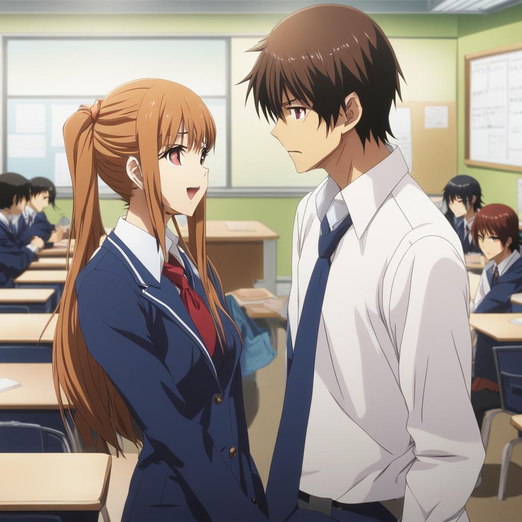 taiga aisaka and ryuuji takasu exchange bickering banter in their high school classroom. 