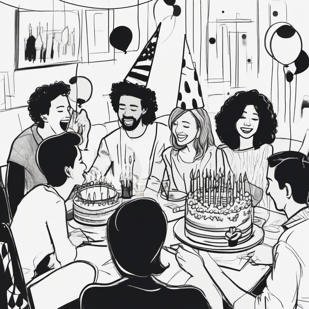 drawing of friends celebrating a birthday  minimal rough sketch scribbles,doodles,black and white