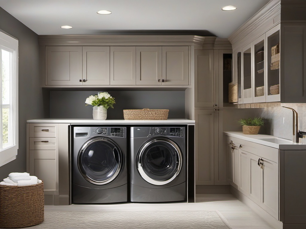 Transitional laundry room blends modern and traditional elements with a neutral palette and practical layouts to make the most of available space.  