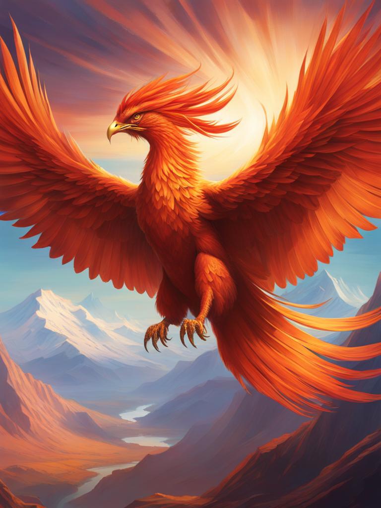 legendary phoenix soaring high above a breathtaking mountain range. 