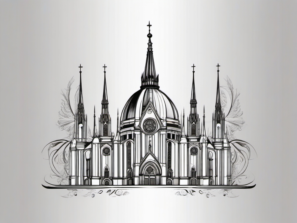 Catholic cathedral spires ink: Architectural homage to divine grandeur.  color tattoo style, white background