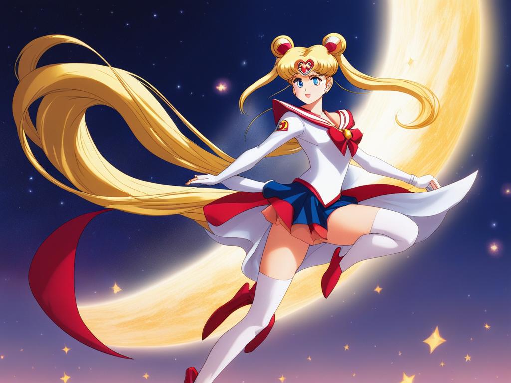 sailor moon transforms into her superheroic form beneath the glow of a crescent moon. 