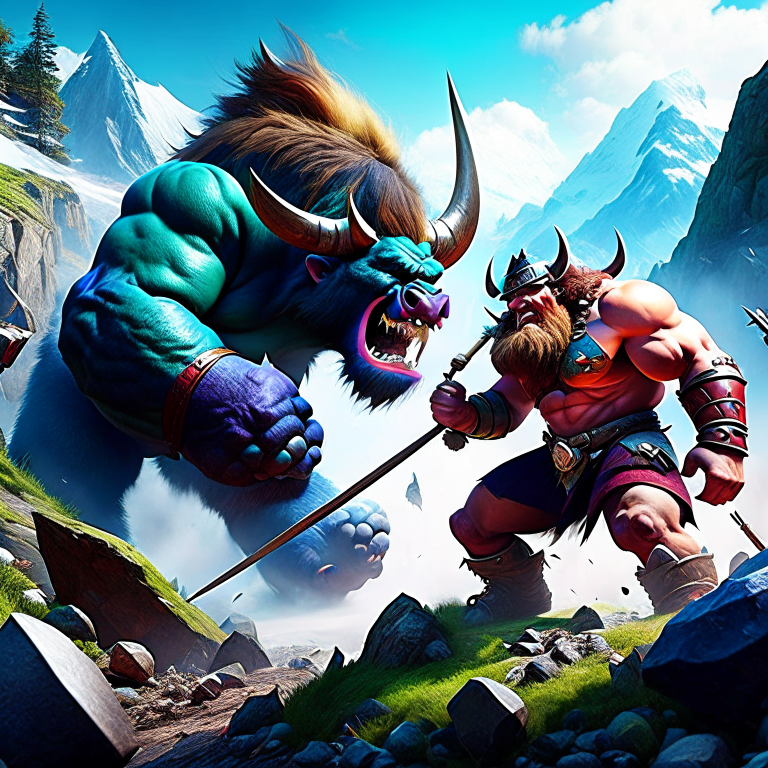 troll vs ogre - giants engage in a rocky mountain skirmish, boulders and clubs smashing against the earth. 