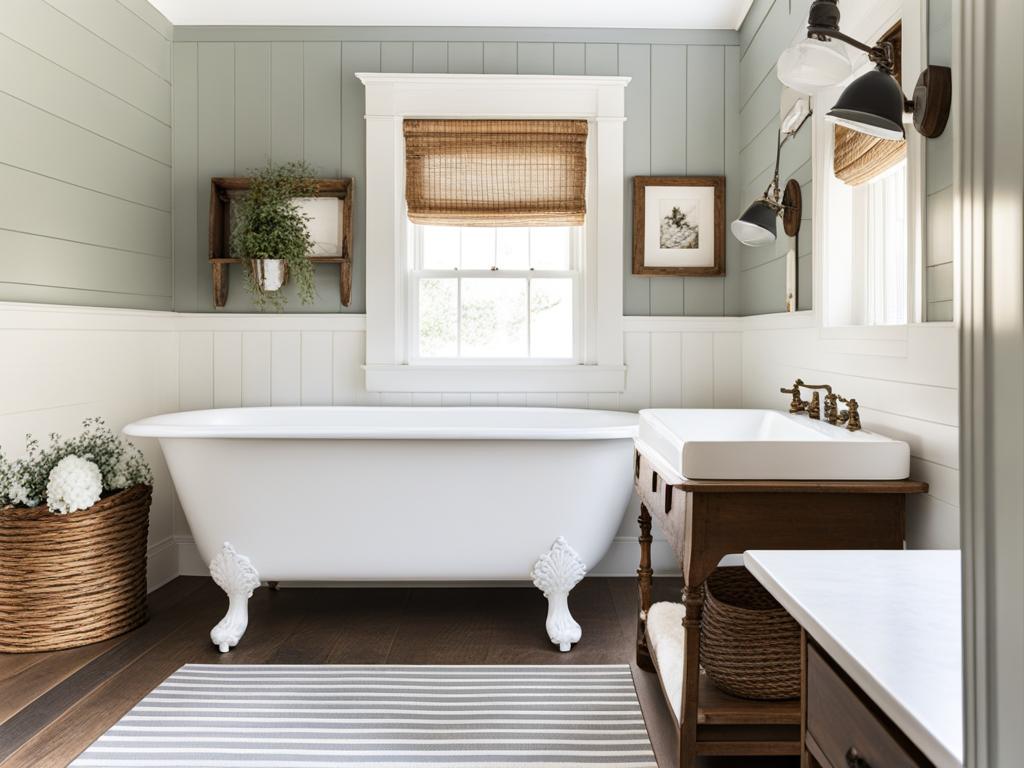 farmhouse bathroom with shiplap walls and a vintage clawfoot tub. 