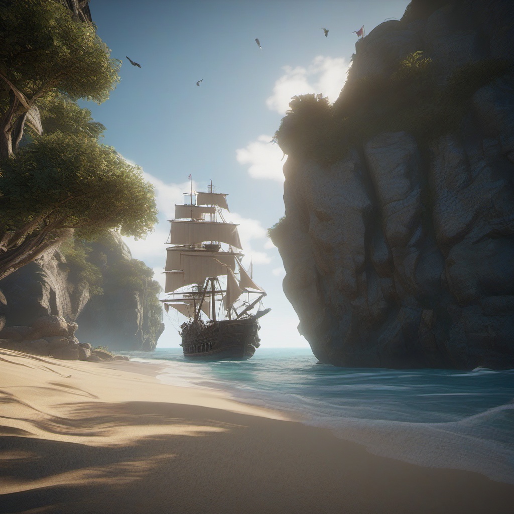 Pirate captain's ghost seeks to reunite with their long-lost crew to find legendary buried treasure. concept art,unreal engine 4,style by Henri Fantin-Latour