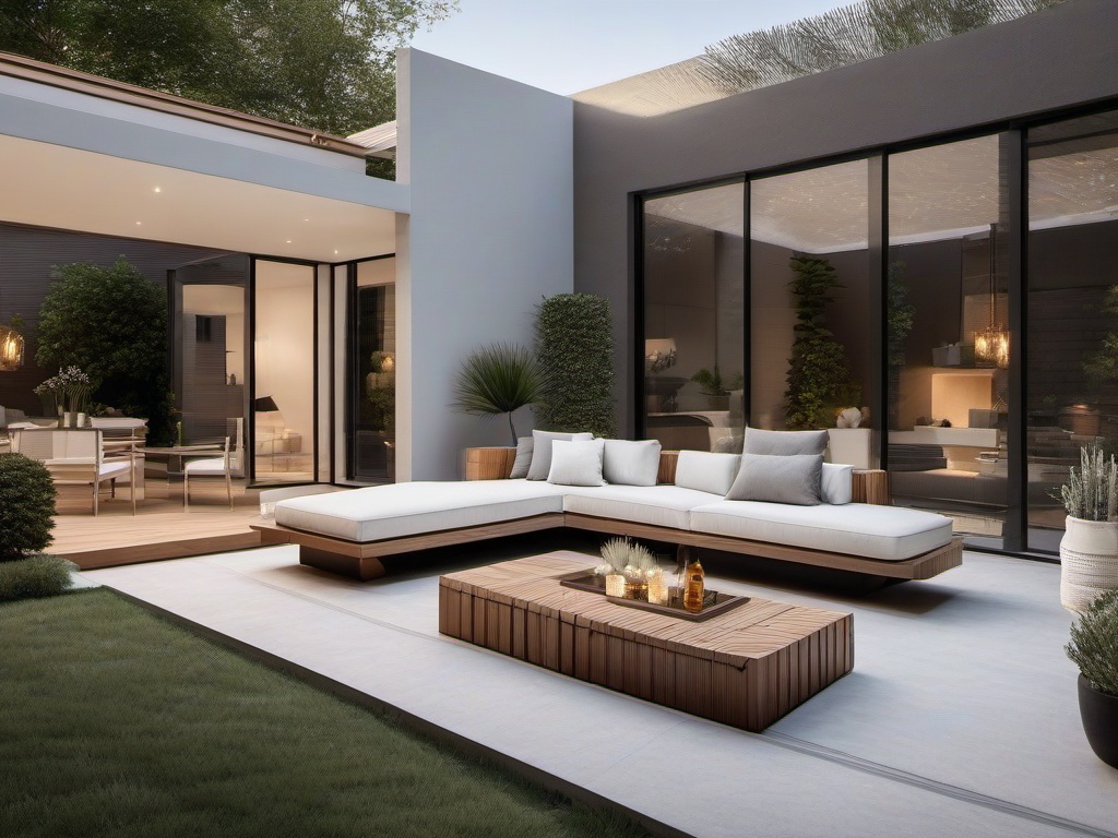 Modern patio features sleek outdoor furniture, minimalist decor, and a clean aesthetic, creating a stylish space for relaxing and entertaining outdoors.  