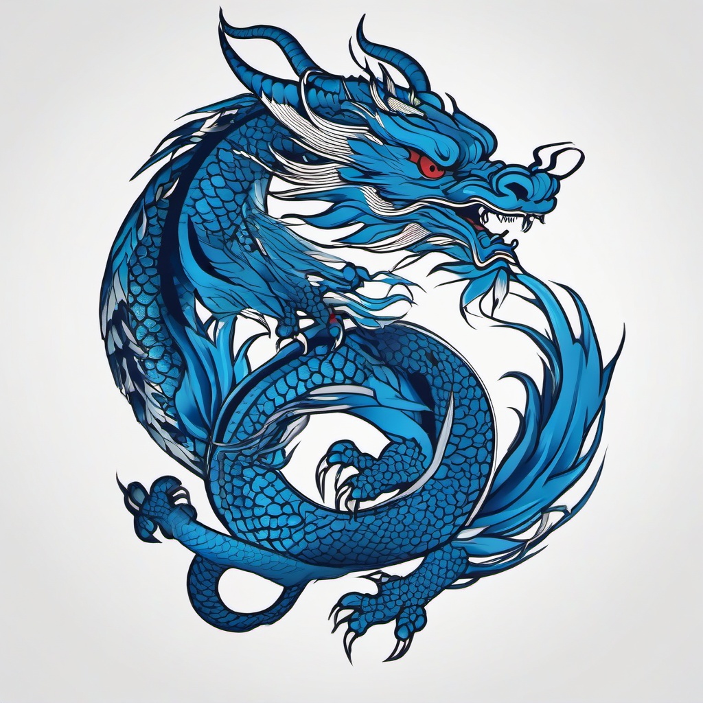 Blue Japanese Dragon Tattoo - Dragon tattoos with Japanese design elements and a blue color palette.  simple color tattoo,minimalist,white background