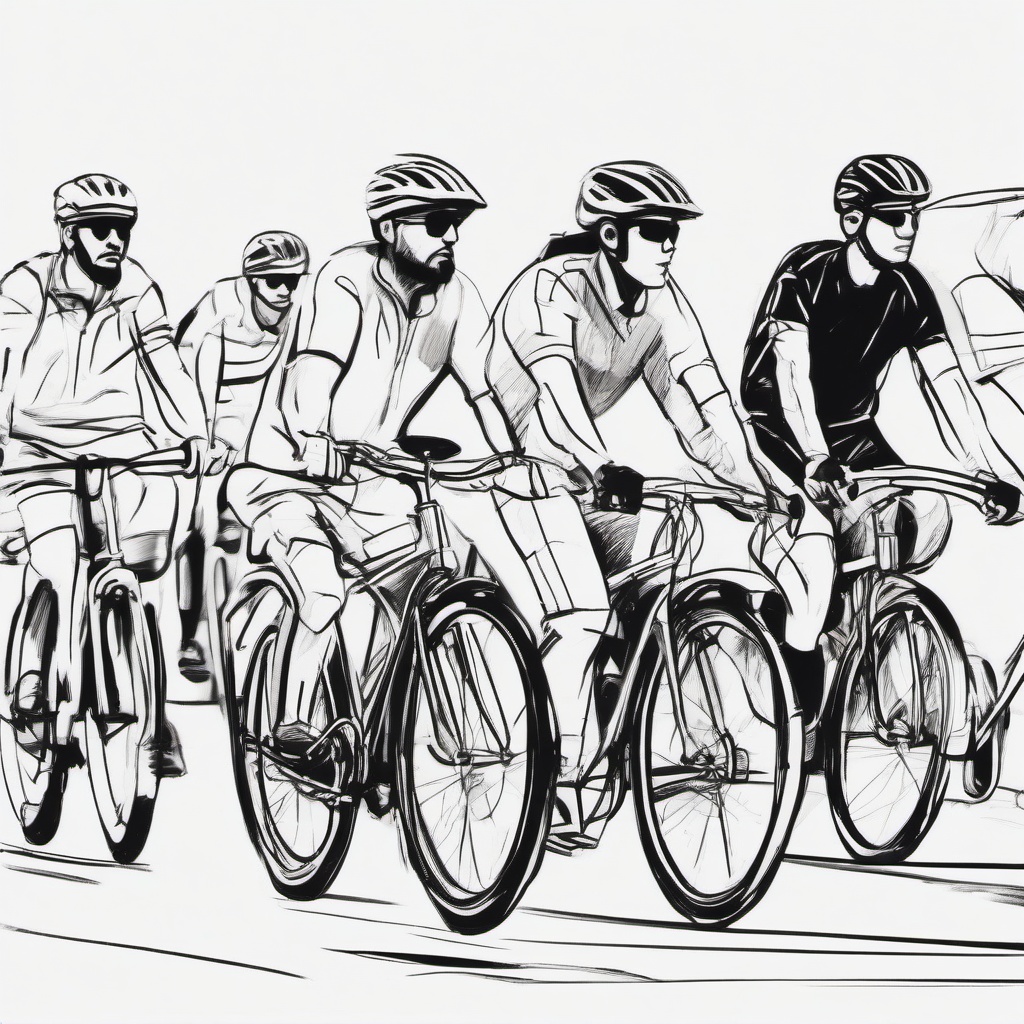 drawing of people riding bicycles  minimal rough sketch scribbles,doodles,black and white