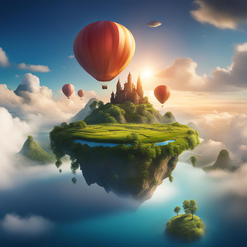 floating islands - create an artwork featuring fantastical floating islands in the sky. 