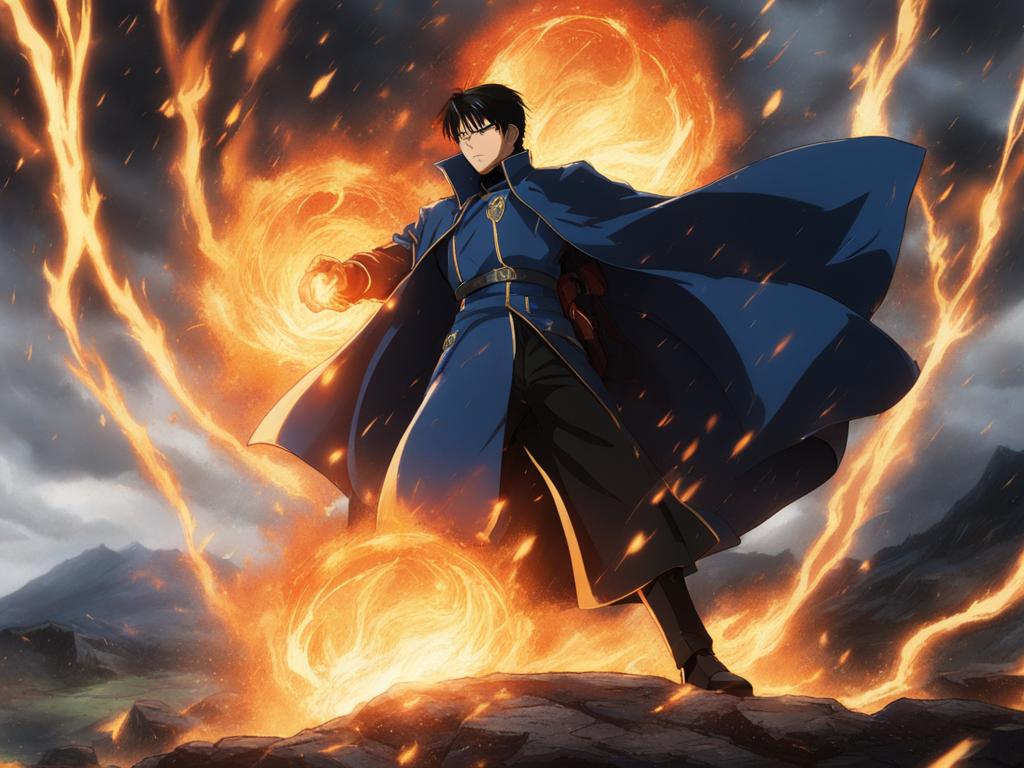 roy mustang ignites flames with snap alchemy during a battle in the rain. 