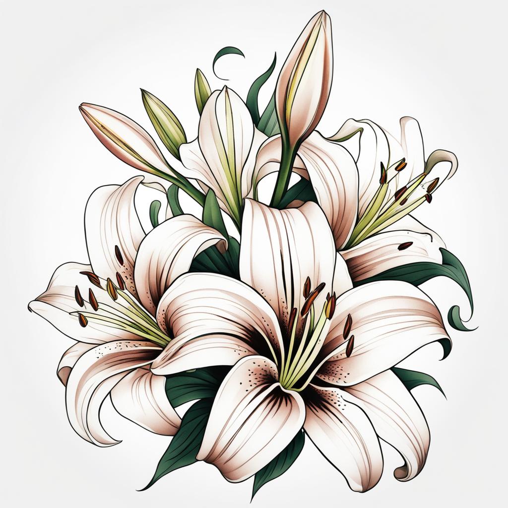 Lily flower tattoo, Tattoos showcasing the graceful and elegant lily flower. colors, tattoo patterns, clean white background